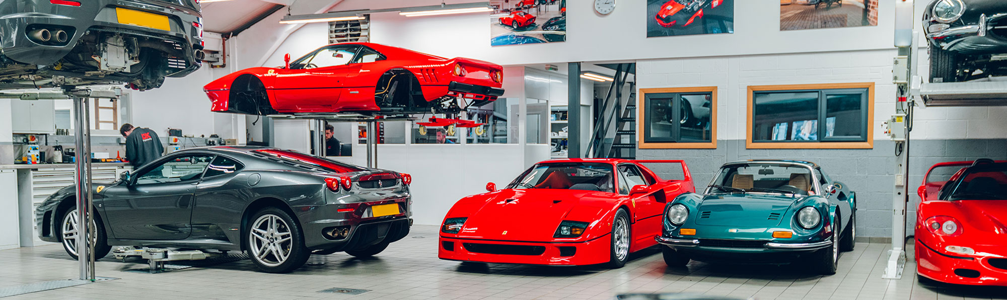 A selection of Ferraris at the DK Engineering workshop